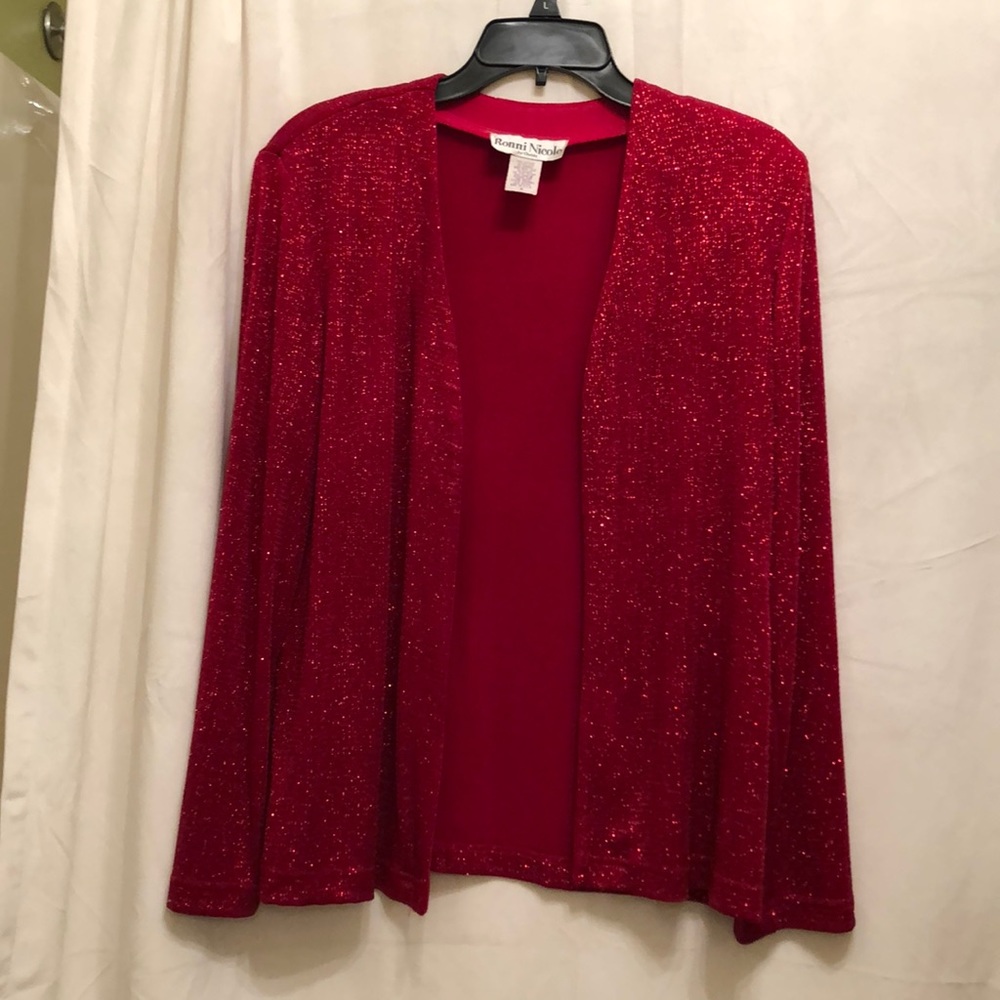 Red sparkle twinset with shell and jacket.